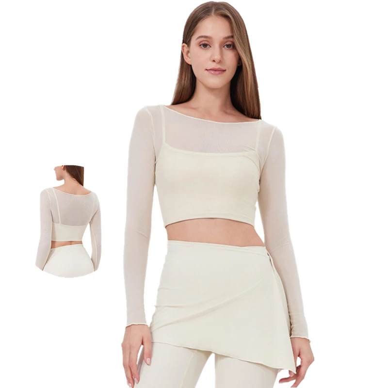 Women's Long Sleeve Mesh Sports Crop Top Quick Dry Slimming Fitness Clothes with Chest Pad Breathable Yoga Apparel