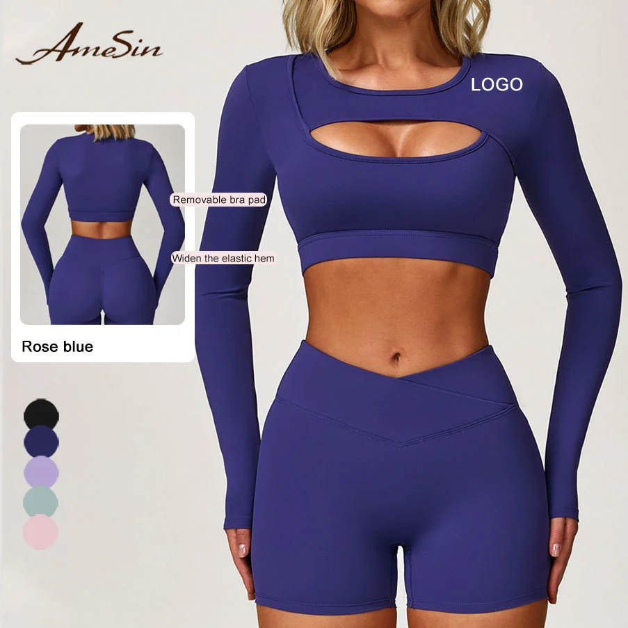 Women's Ultrashort Cutout Workout Crop Top Yogawear Chest Hollow-Out Long Sleeve Bra Top Athletic Gym Shirts Sport Yoga Tops Gym