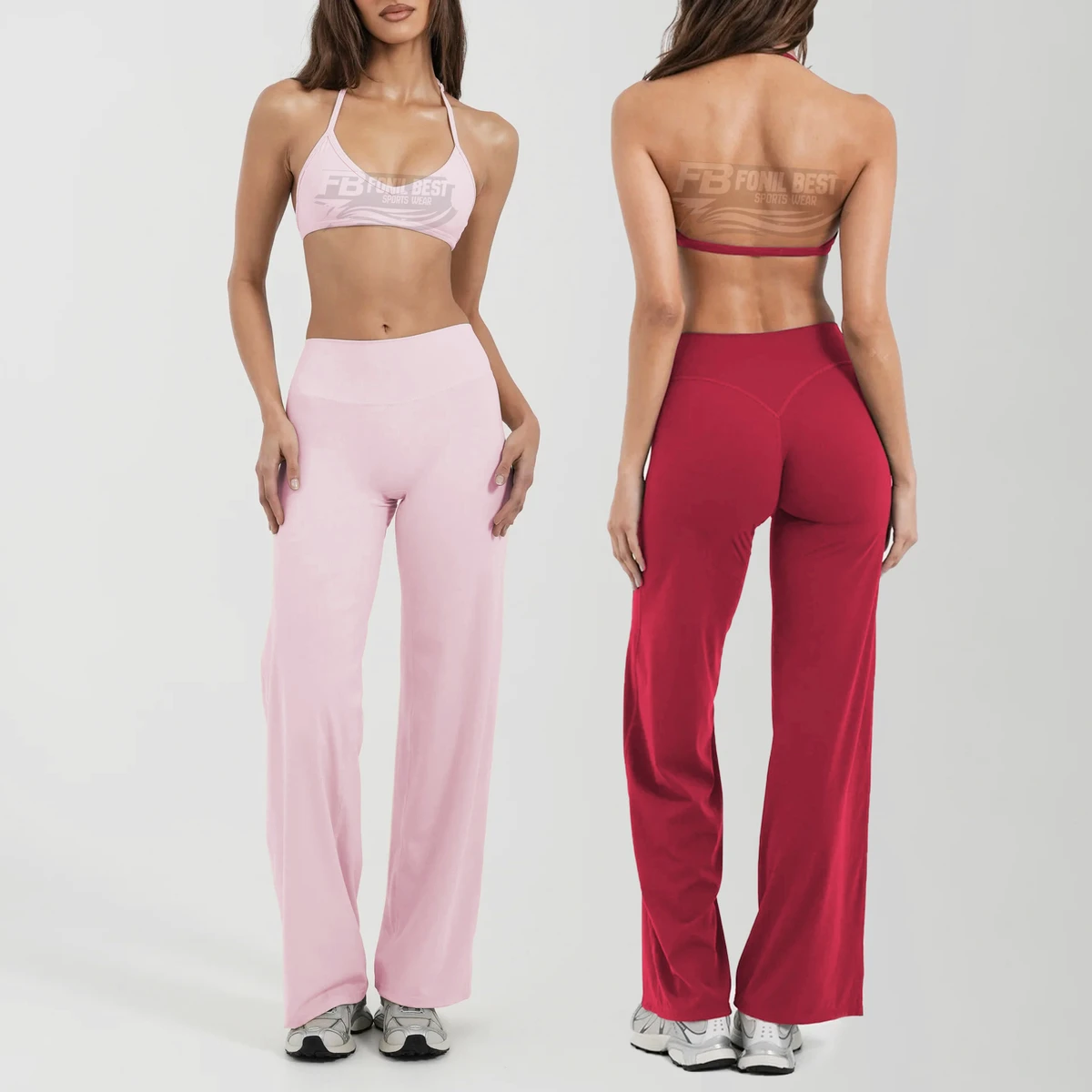 Customized Seamless Solid Halterneck Yoga Bra Flared Leggings 2-Piece Set High Quality Elastic Waist Spandex/Polyester Women's