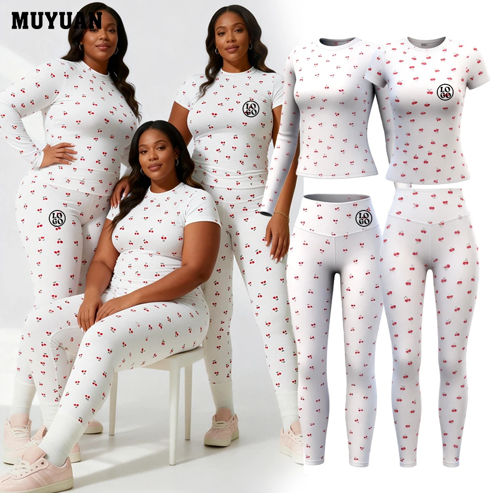 High Waist Women Yoga Set Long Sleeve Top Flared Pants Cherry Print Quick Dry Comfortable Nylon Spandex Fitness Wear for Gym