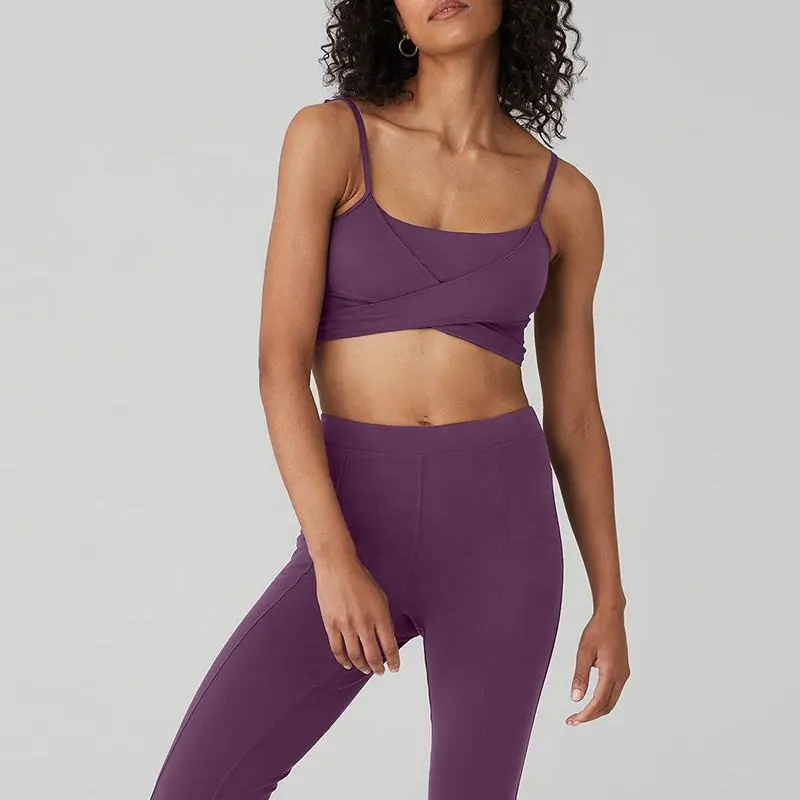 Women Purple Twist Sports Bra Spaghetti Strap Square Neck Seamless Yoga Workout Medium Support Solid Color Activewear Top