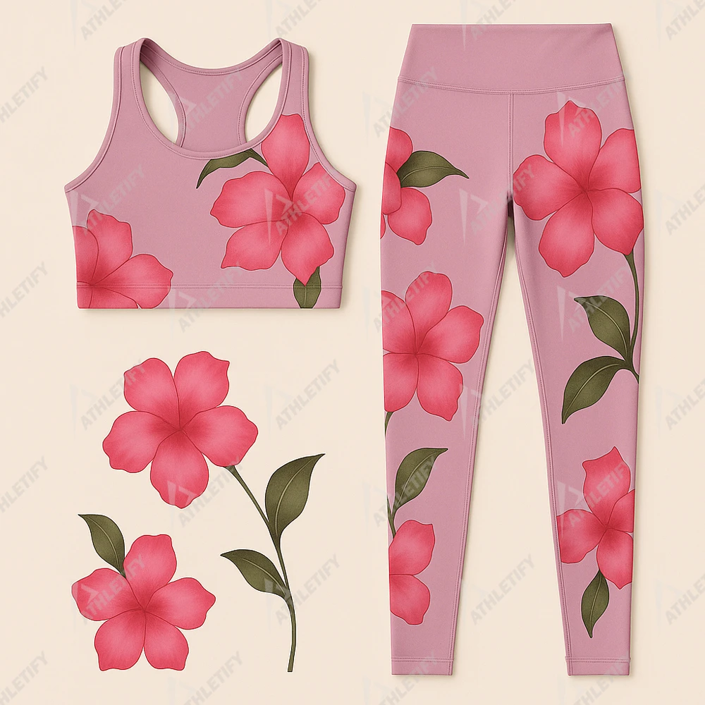 Eco-Friendly Floral Pattern Sublimated Print Breathable Lightweight Elastic Waist 2-Piece Yoga Legging Set for Active Lifestyles