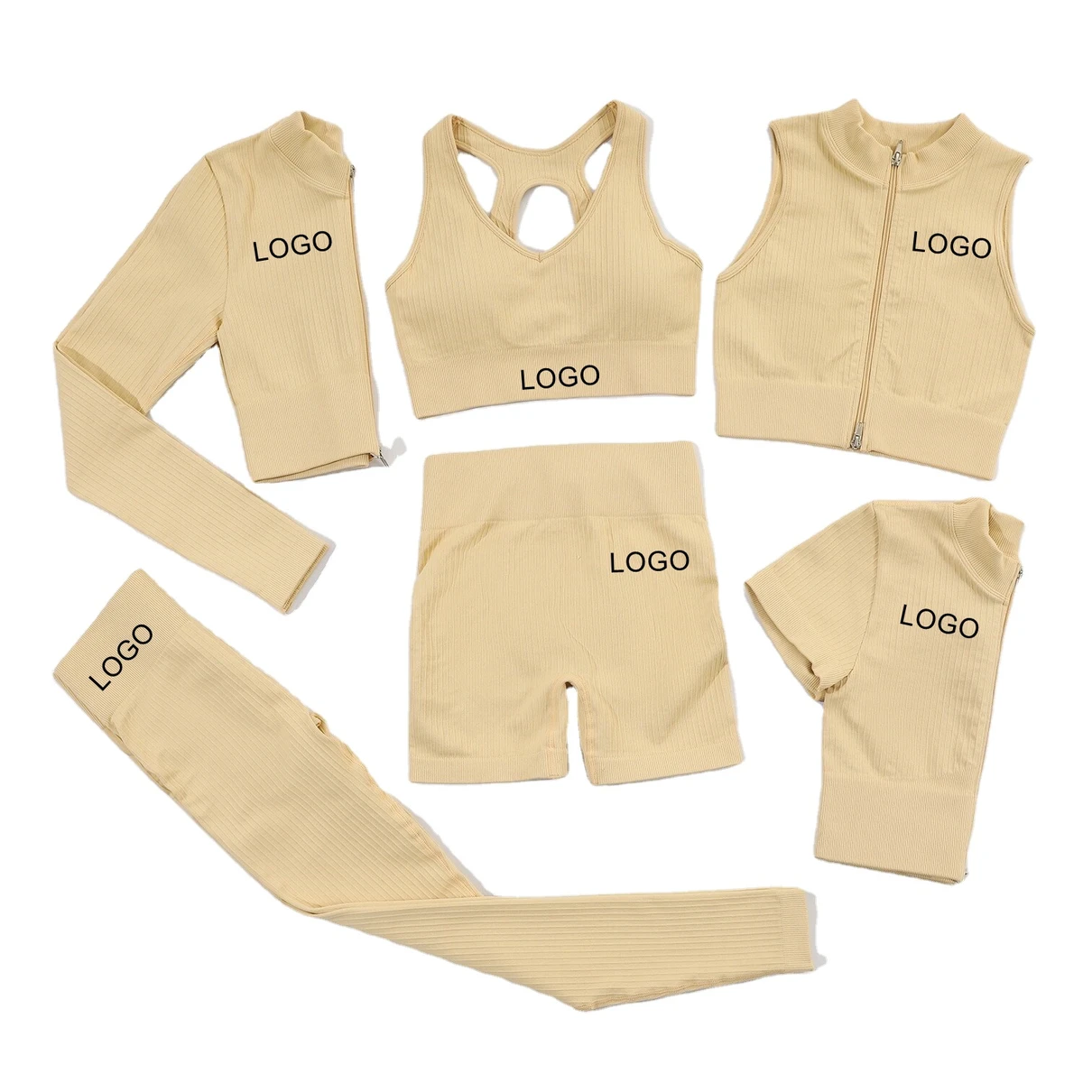 6 Piece Ribbed Yoga Set Zipper Sportswear Gym Fitness Seamless Workout Gym Clothing Yoga Set