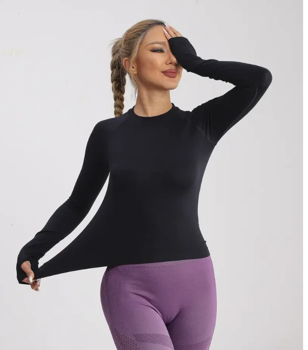 Women Athletic Long Sleeve Round Neck Quick Dry Breathable Slim Fit Workout Fitness Solid Color T-Shirt Yoga Top