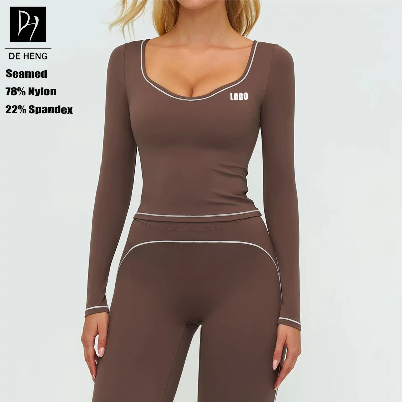 Christmas Custom Wholesale Womens Sportswear Brushed Nude Feeling Color Block U Neck Fitness Long Sleeve Yoga Top For Women