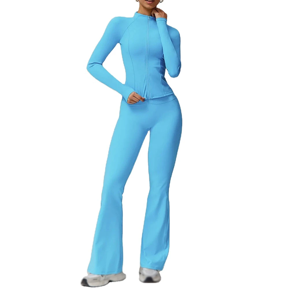Women Yoga Set High Quality Breathable Plaid Lightweight Quick Dry 2 Piece Gym Sportswear Full Sleeve Elastic Waist