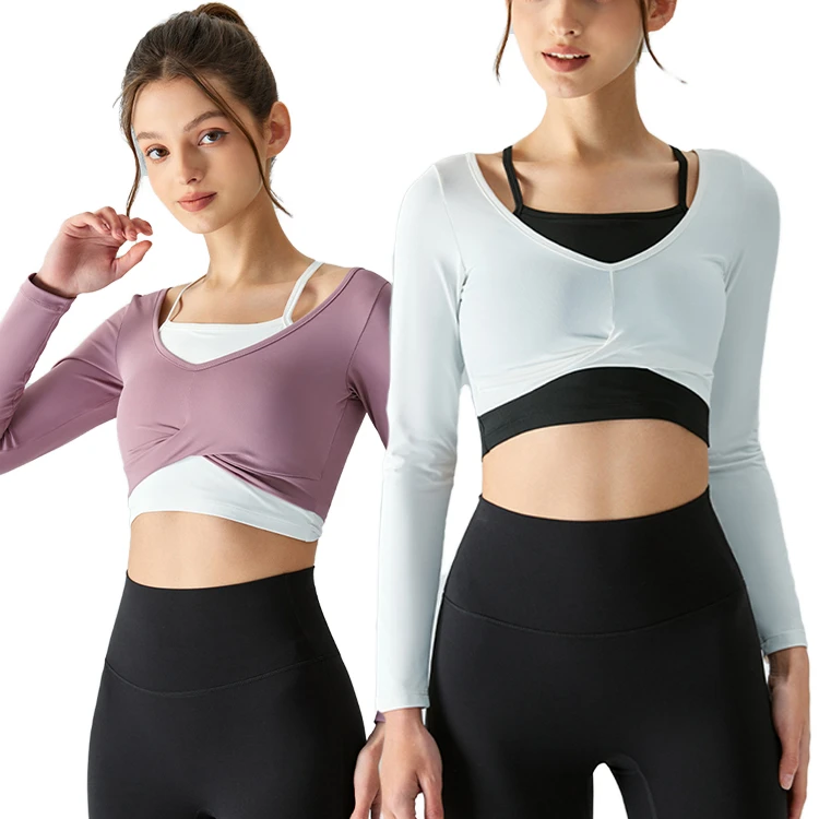 Women's Two-Piece Sportswear Set Long-Sleeved Gym T-Shirt Hanging Neck Breathable Quick-Drying Yoga Crop Top Print Front