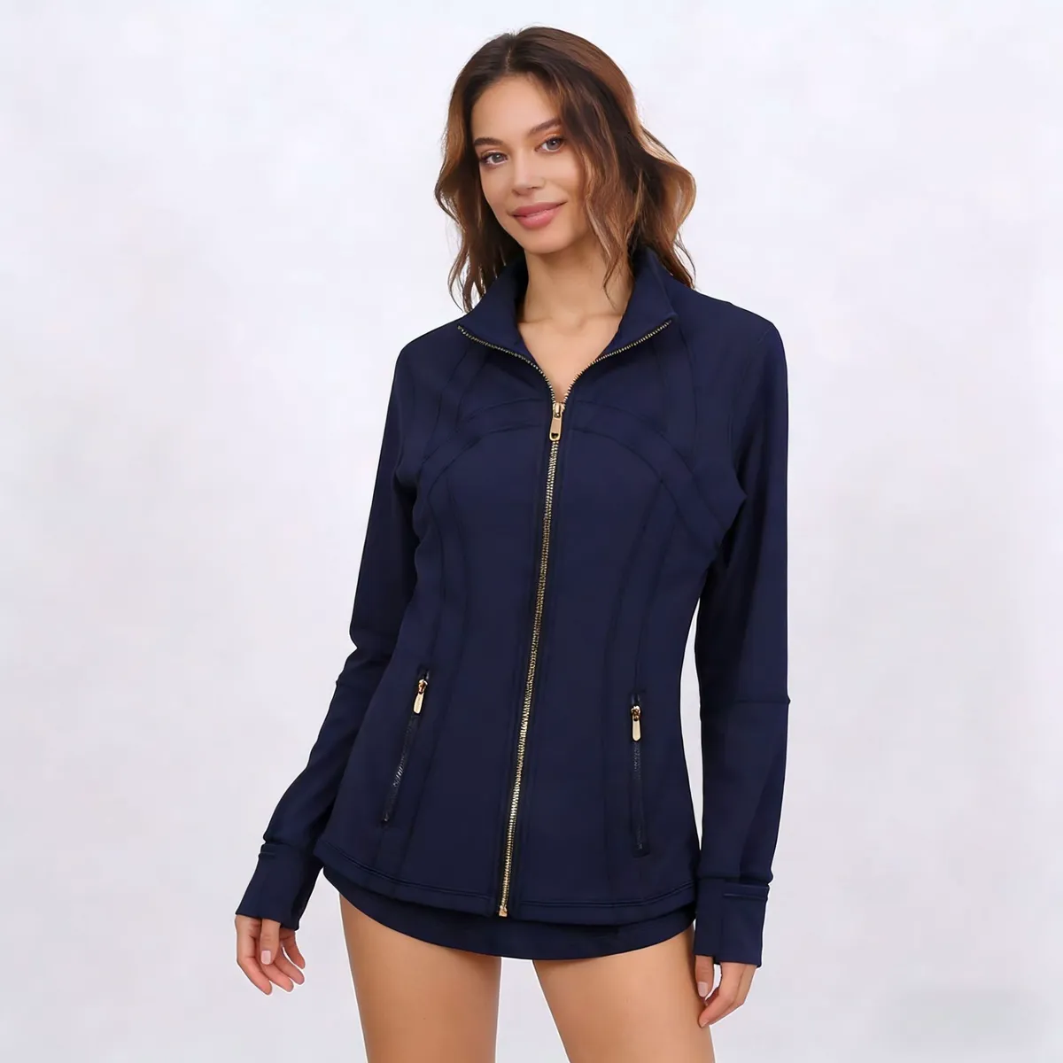 Women's Breathable Slim Fit Stand Collar Nine Quarter Sleeve Solid Pattern Sports Jacket Gold Zipper Simple Design Spandex Yoga