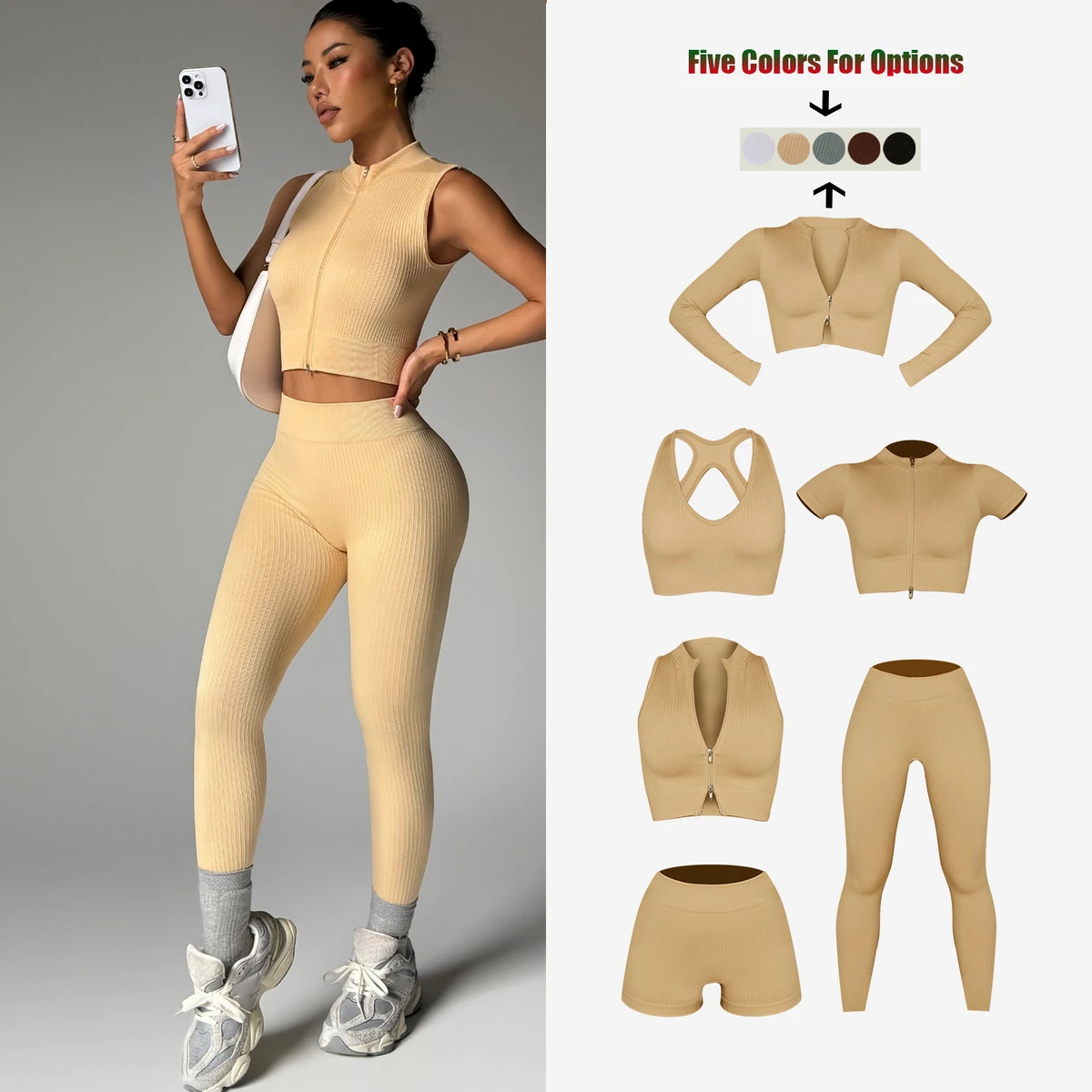 Wholesale Six-piece Yoga Set Include Long Sleeve Coat Yoga Vest Bra Workout Shorts Gym Leggings 6 Piece Fitness Wear for Women
