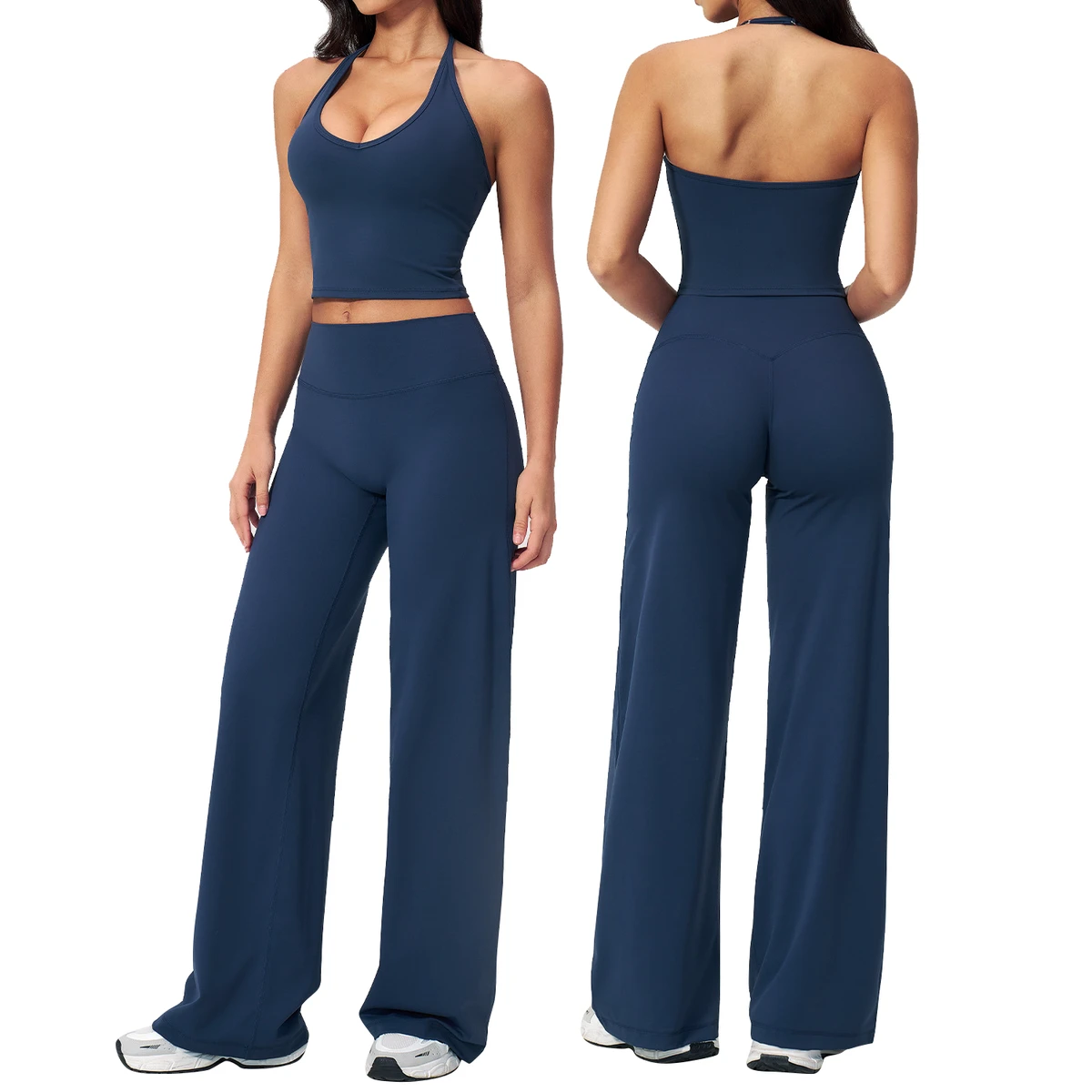 Solid Breathable Front Logo 2-Piece Stand Neck Sports Suit Fitness Wide Leg Straight Tube Outdoor Leisure Yoga Suit