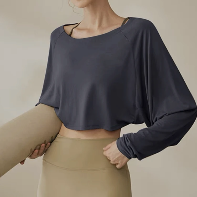 Hot Sale Long Sleeve Casual Women's Wide Neck Neckline Long Sleeve Yoga Top T-Shirt Lightweight Loose Sport Long Sleeve
