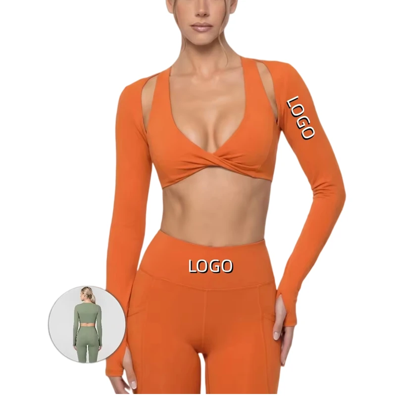 Women's 2 Piece Fitness Yoga Wear Suit Breathable Long Sleeved Twist Crop Top High Waist Pants Gym Clothes Active Wear Set