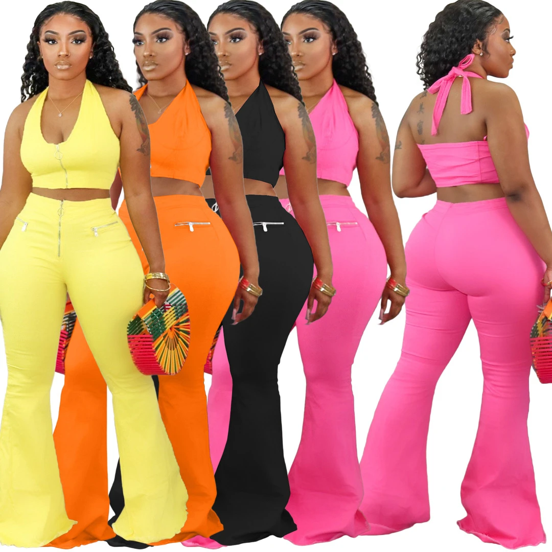 S-3XL Tracksuit Women Summer Solid Color Sleeveless Zipper Tank Baggy Flare Biker Joggers Plus Size Two Piece Pants Sets