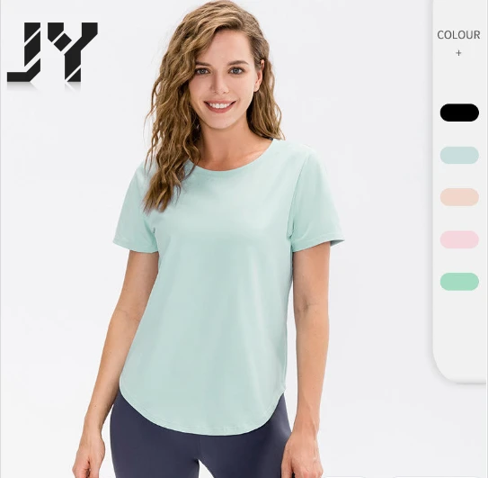 JY New Arrival Custom Logo Summer Women Sportswear Quick Dry Yoga Tops Round Hem Gym Running Stretch Fitness T Shirt for Women