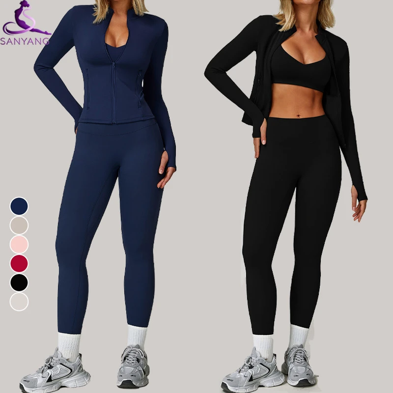 Women's Gym Workout Long Sleeve Coat & Spandex Leggings Yoga Sets Solid Pattern Zip Top Fitness Sportswear 2 Pieces