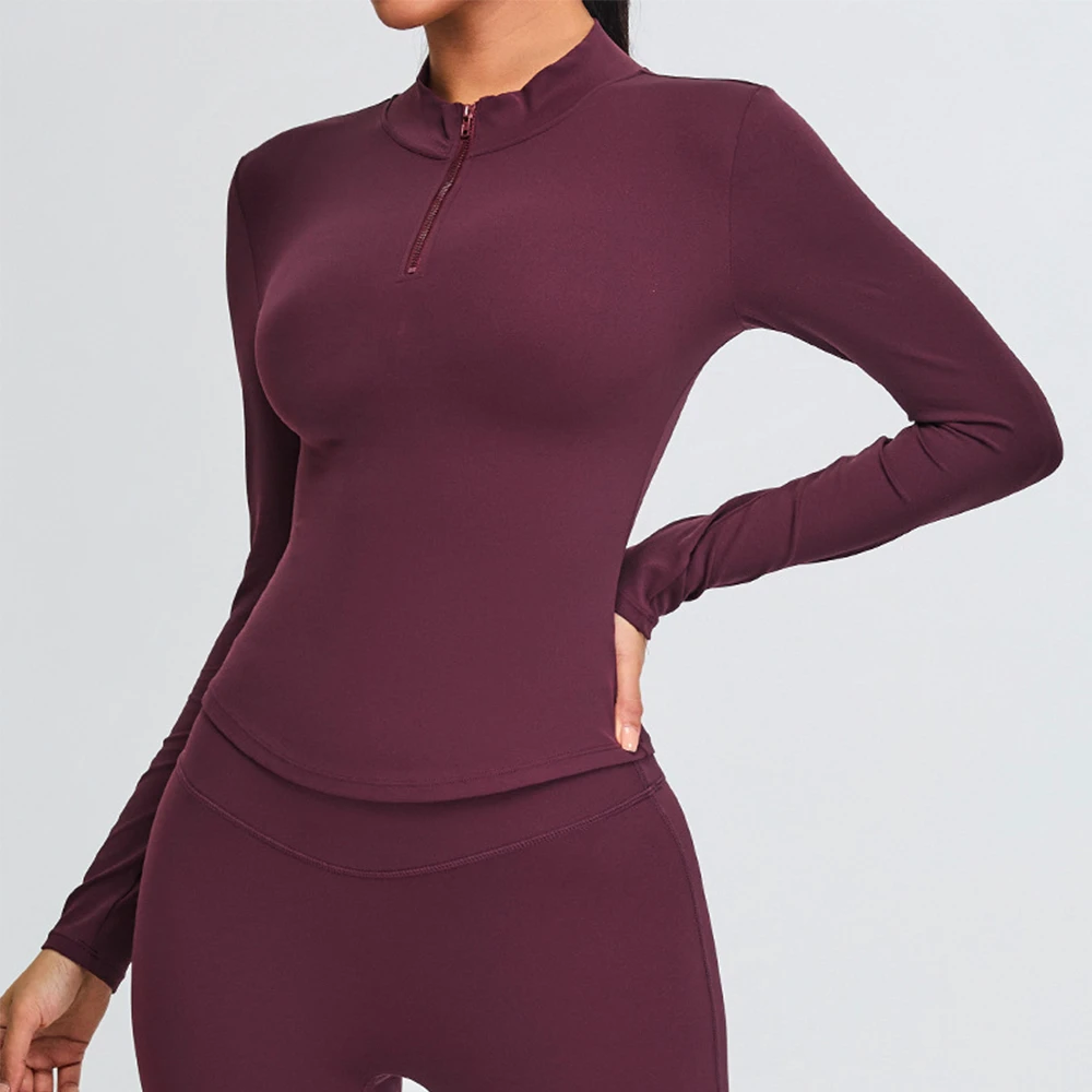 Quick Dry Yoga Gym Running Sport Deportes Fitness New Women Long Sleeve With Threads Mock Neck With Half Open Zipper Workout Top