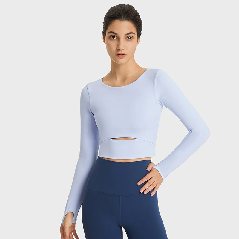Womens Long Sleeve Nylon Spandex Crop Workout Top Four Way Stretch Sweat Wicking Breathable Quick Dry Short Length Yoga Tee