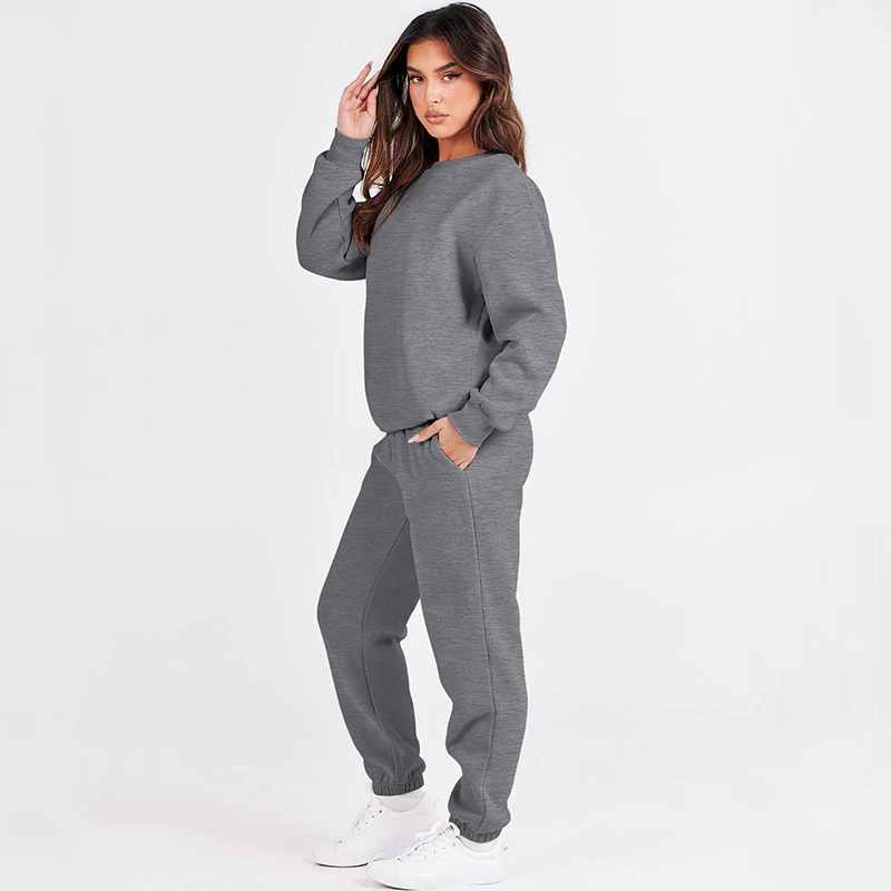 Custom Unisex Solid Long Sleeve Fleece Crewneck Sweatsuit Jogger Pant Winter Two Piece Outfits Pocket Lounge Sports Shirt Plus