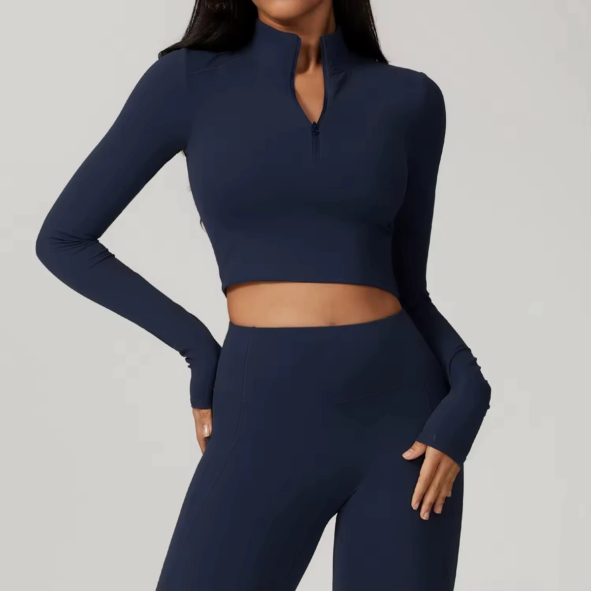Custom Wholesale Women Seamless Plus Size Sports Top Breathable Lightweight Spandex Eco-Friendly Zip Long Sleeve Crop Yoga Top