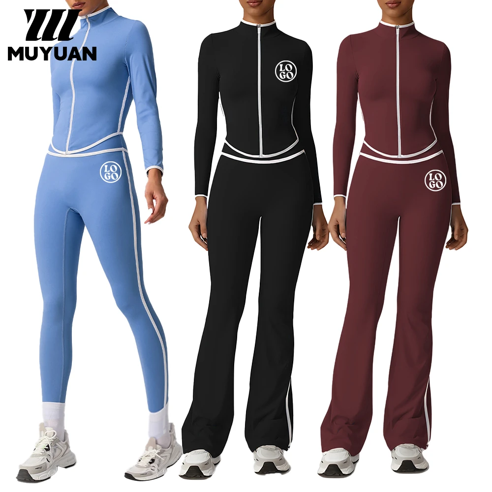 Women's Custom Two-Piece Gym Set White Nylon Spandex Zipper Jacket & Flared Shorts Yogawear Workout Suit Yoga Sets Custom logo