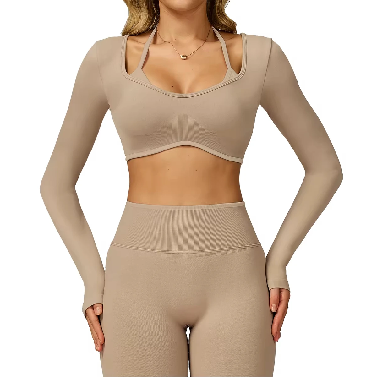 Women's High Waist Breathable Seamless Yoga Top Long Sleeve Fitness Running T-Shirt Front Four-Way Stretch Plus Size Options