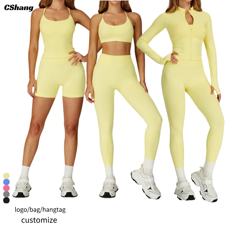 Custom Logo Fitness Clothes for Gym Wear Shorts Women Sets 5 Pieces Yoga Jackets Workout Leggings Sports Bras Top Sportswear Set
