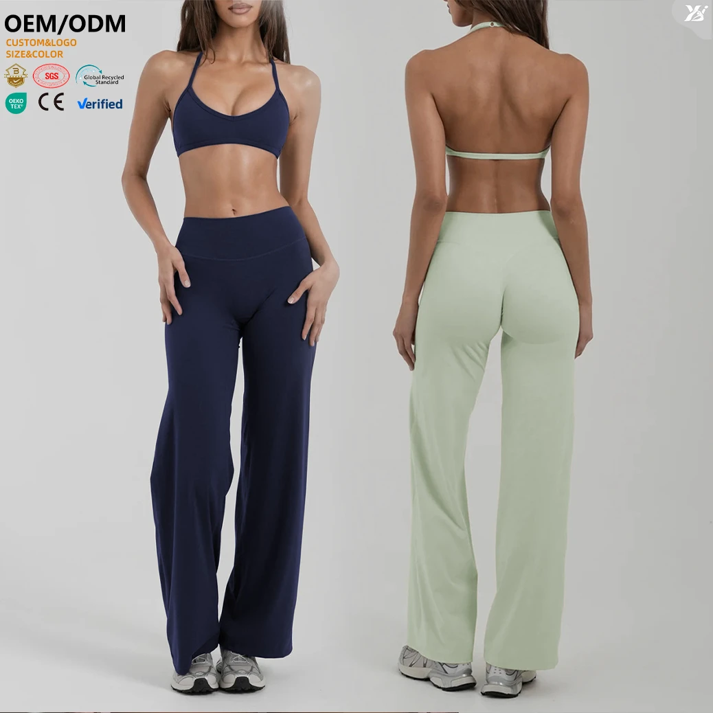 XW-YY244 Breathable Quick Dry Outfit Solid Simple Gym Fitness Halter Sports Bra High Waist Wide Leg Pants Two Piece Yoga Set