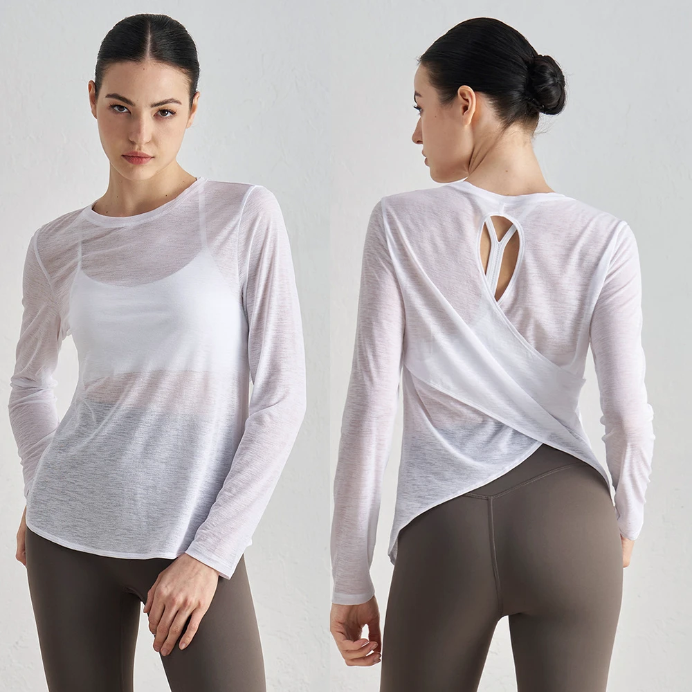 Summer Round Neck Fitness Crossed Hem Thin Long Sleeved Loose Breathable Yoga Long Sleeve Top With Beautiful Hollowed Out Back
