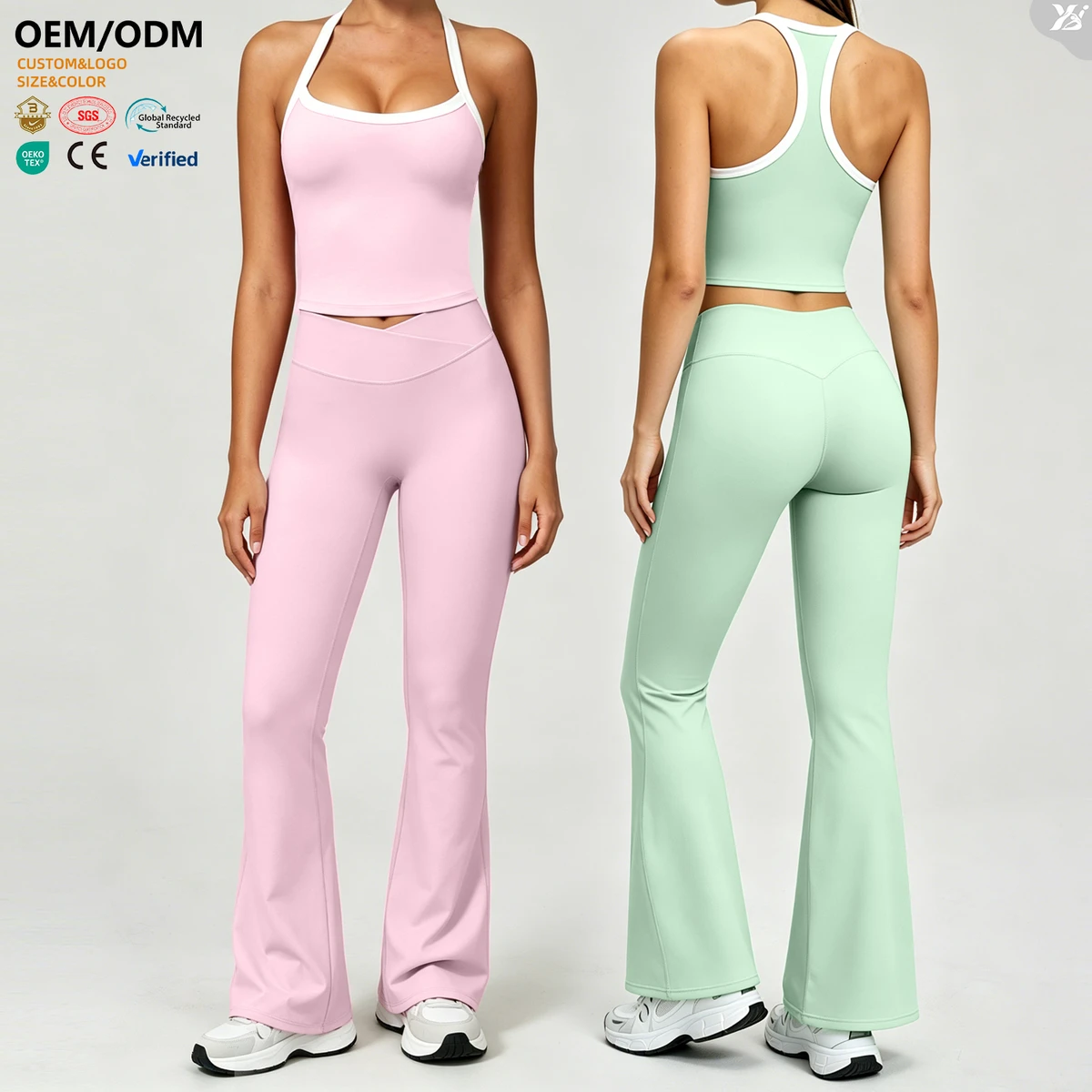 OEM ODM Quick Dry Women Spaghetti Straps Fitness Top with Flared Pants Wholesale Soft Gym Yoga Clothes High End Lady Sportswear
