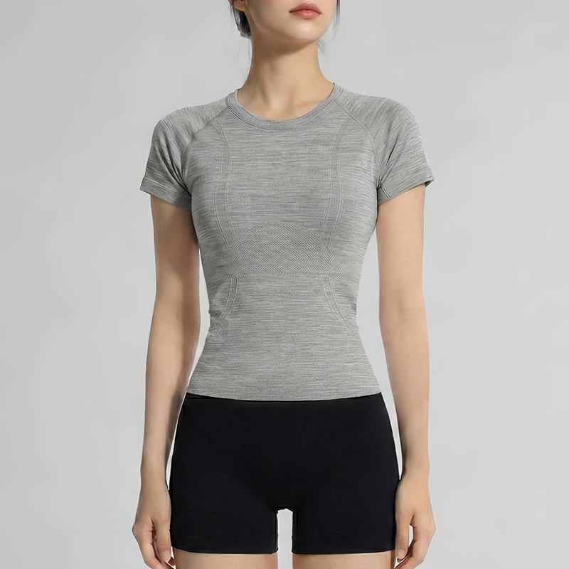 Seamless Cross Border Fitness Sports Short Sleeve Yoga Wear Quick Drying Plus Size Womens Top Pilates Training Wear