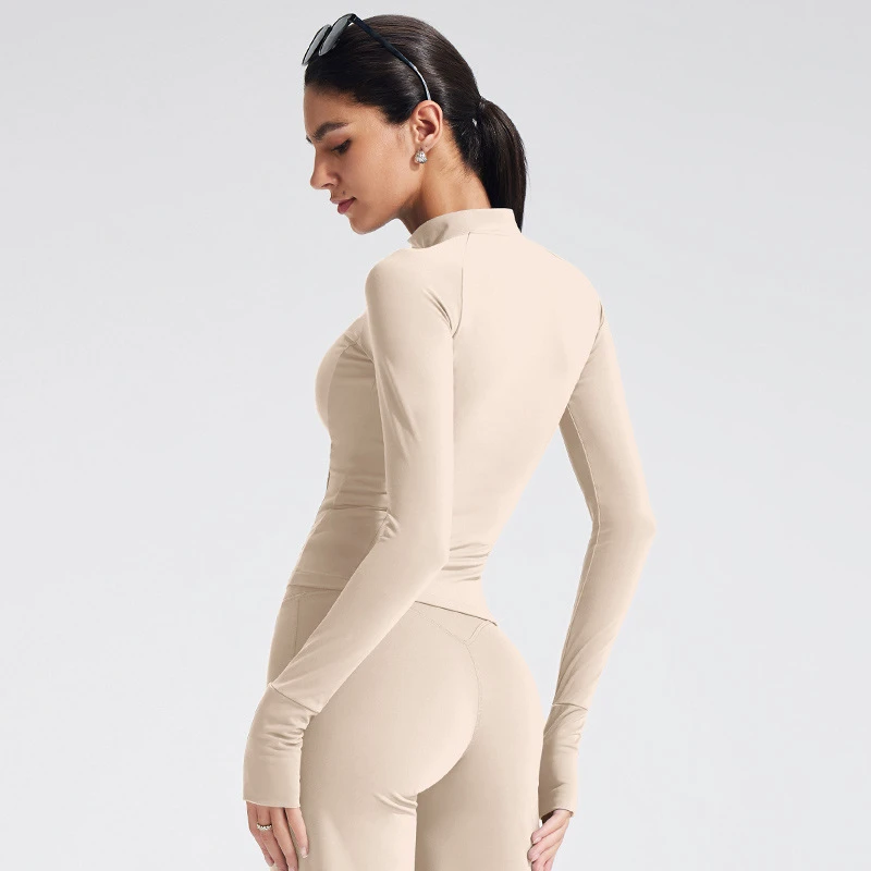 Women Full Zip Yoga Jacket Stand Collar Long Sleeve Breathable Fitness Training Athletic Sportswear