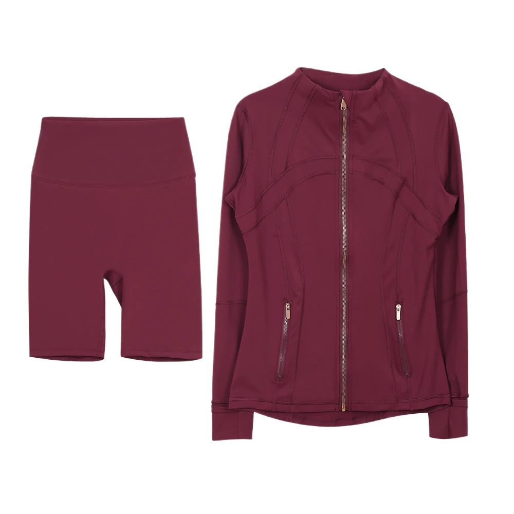 Women's Two-Piece Slim Fit Yoga Sportswear Gold Zipper Female and Shorts Set Gym Leggings Sports Suit