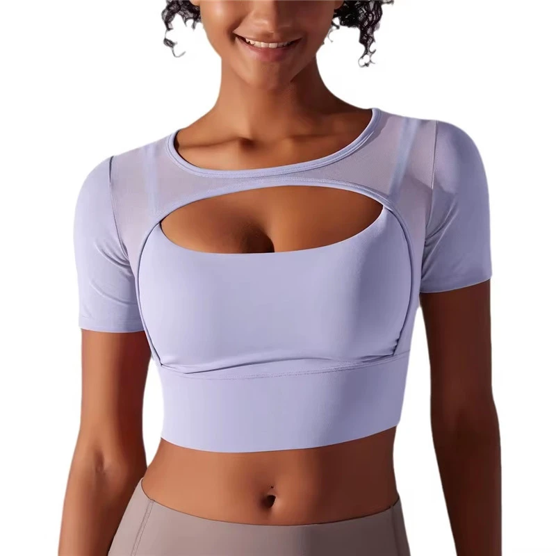 P090 Custom Stitching Breathable Bras Sexy Double-Layer Short-Sleeved Suspender Gathered for Running Fitness Yoga Cloth