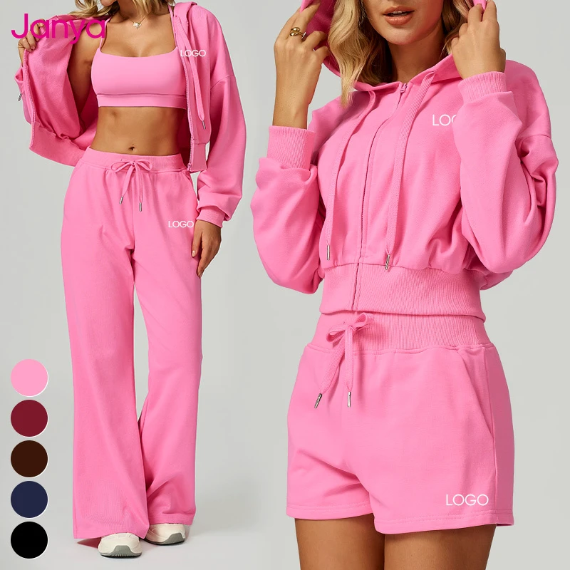 Janya High Quality Women's 2-Piece Casual Sportswear Suit Full Zip Hooded Yoga Jacket Sweatpants Set Loose Gym Fitness Wear Sets
