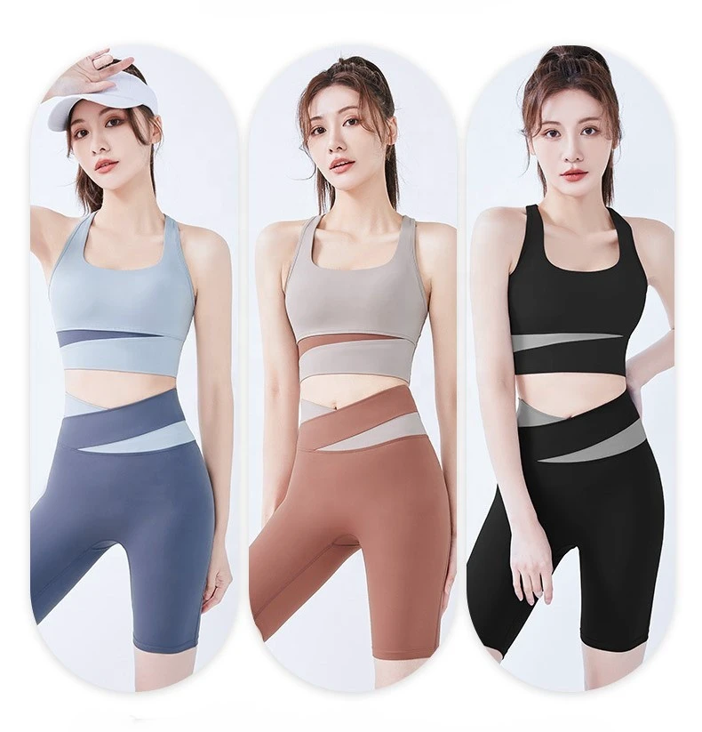 High Quality Polyester Spandex Racerback Sports Bra Sleeveless Shirt High Waisted Shorts 2 Piece Fitness Gym Yoga Set For Women