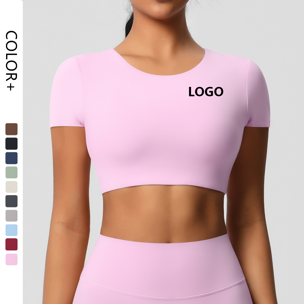 Double-Sided Brushed Breast Pads Women's Yoga Crop Top Breathable Short-Sleeved Pilates Running Sports T-Shirt Tops Plus Front