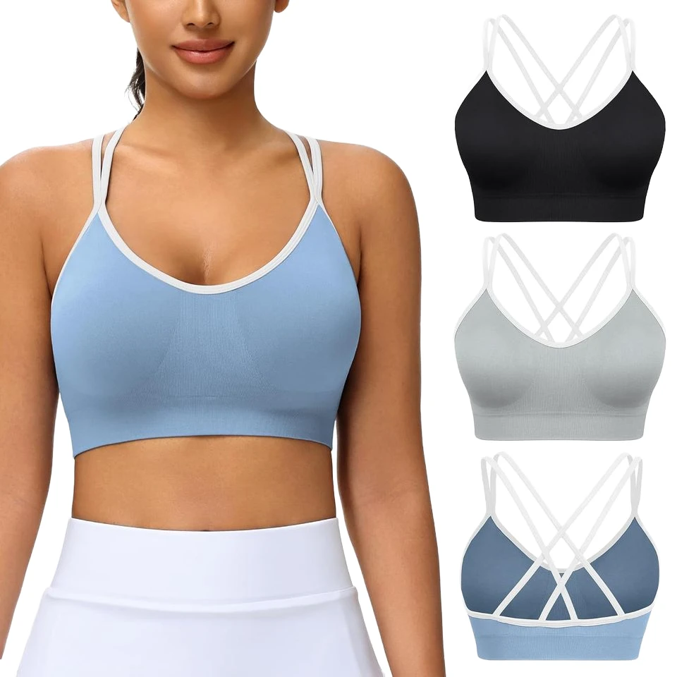 VEQKING Women's Breathable Cross Back Sports Bra with Padded Strappy Design Medium Support 100% Nylon Yoga Workout 3 Pack