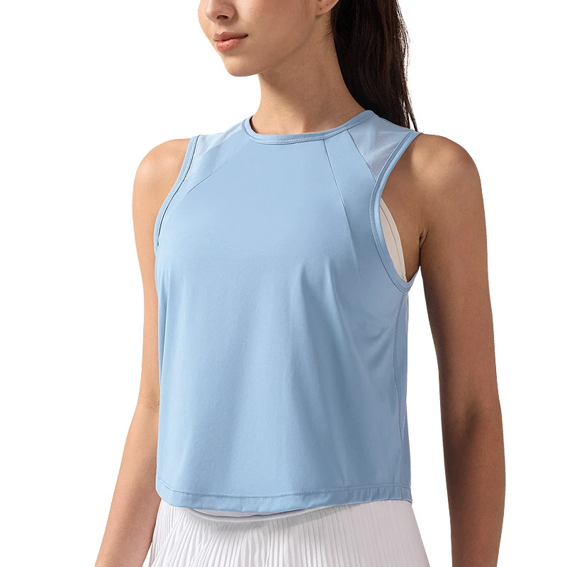 Short sports vest with women's mesh core, quick drying, breathable sleeveless yoga suit top, casual round neck cover shirt