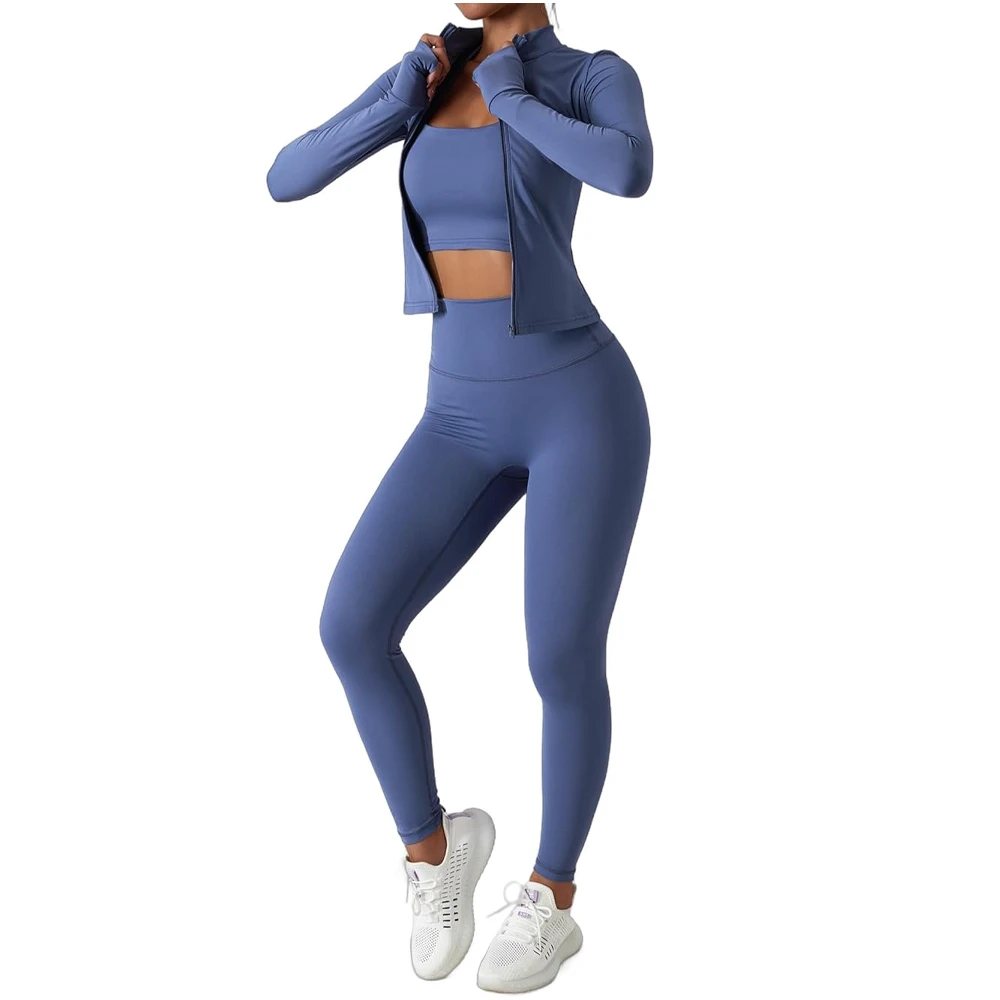 Premium 3 Piece Solid Yoga Set for Women Spandex/Nylon Material Breathable Four-Way Stretch High Waist Includes Pants & Headband