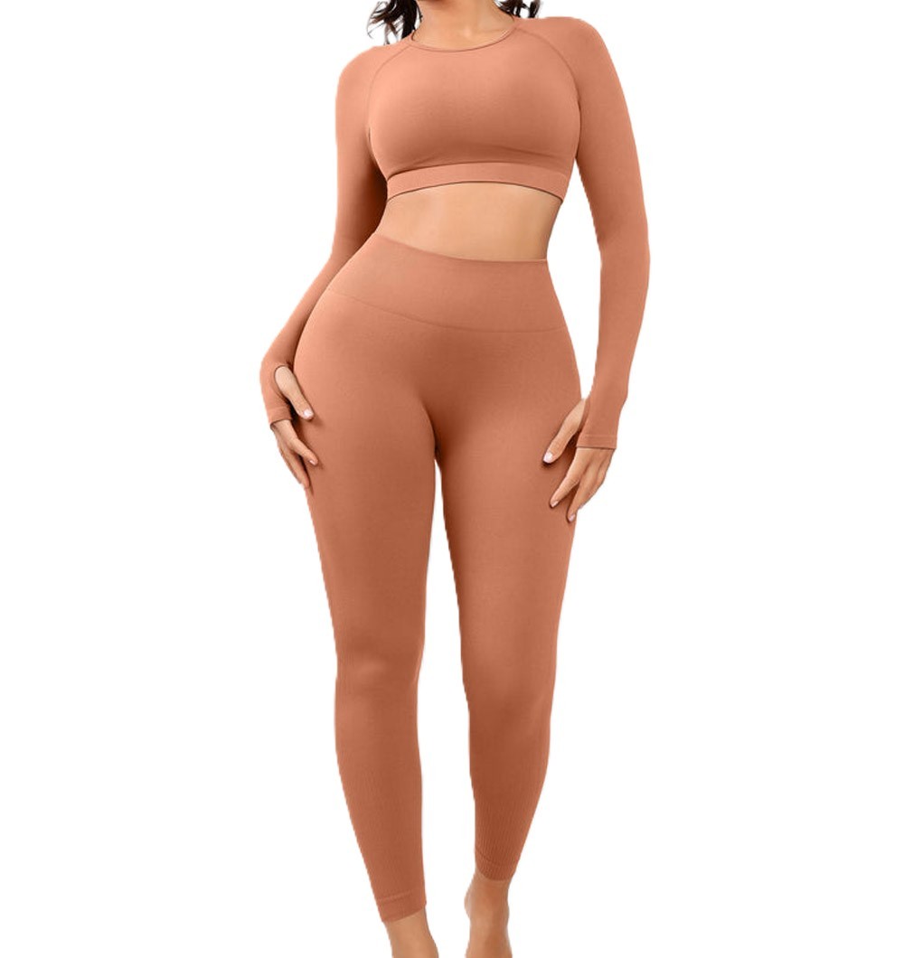 Customized Two Piece Solid Sexy Long Sleeved Seamless Sports Yoga Jumpsuit Slim Fit High Waist Tight Hip Lift Quick Dry Yoga Set