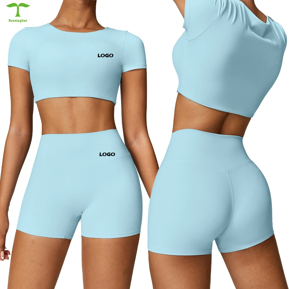 Custom Solid Color Short Sleeve Gym Wear Workout Breathable Running Shorts Quick Dry Leggings Women Sports Yoga Set