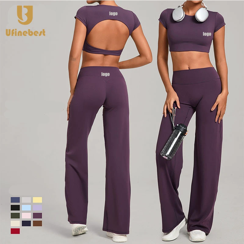 Qiusha Lightweight Solid Breathable Yoga Two-piece Suit Tight Backless High Waist Elastic Waist Quick-drying Straight Leg Pants