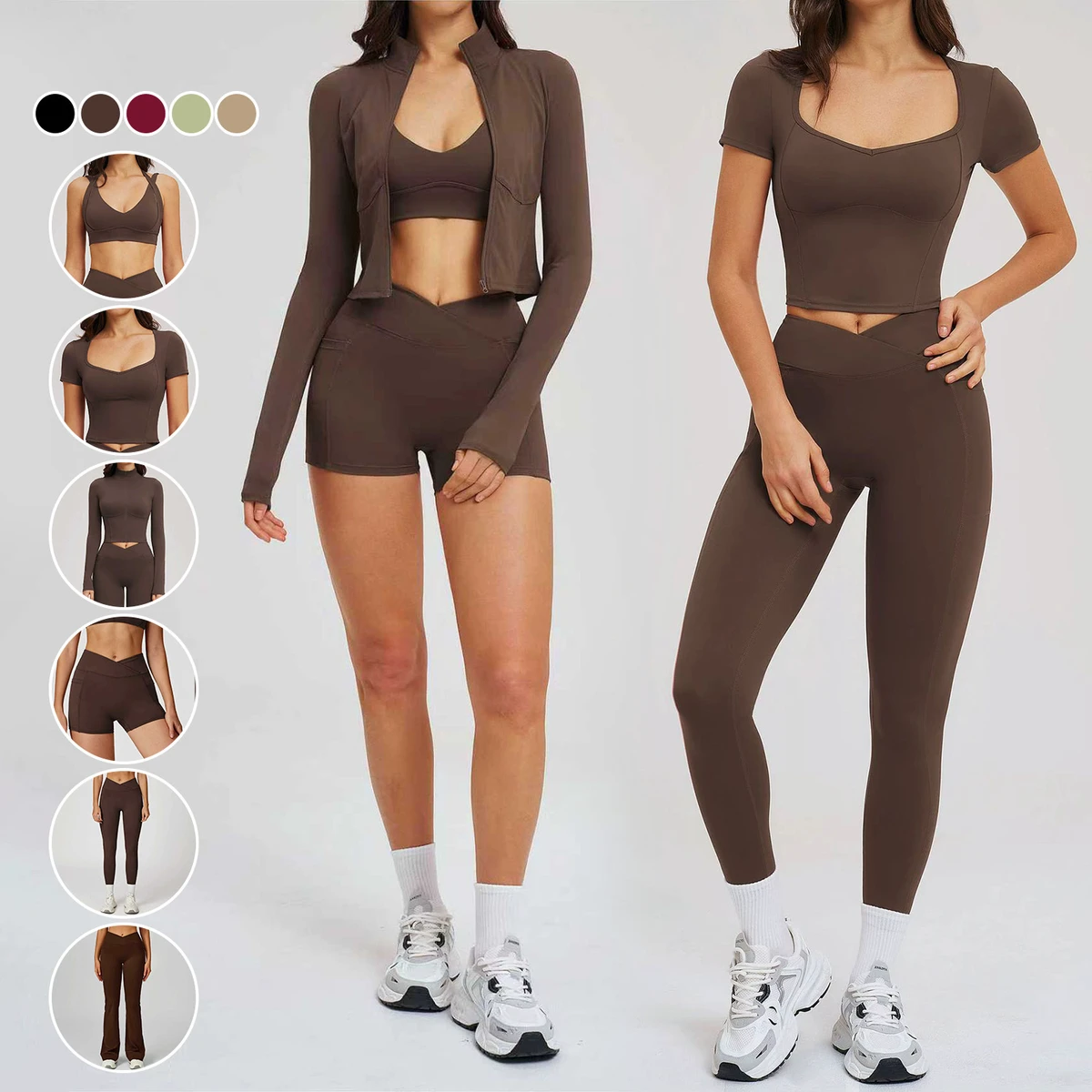 Custom High Quality Breathable 6 Piece Yoga Sets Quick Drying Yoga Top V Waist Leggings Running Workout Tight-Fit Gym Sets