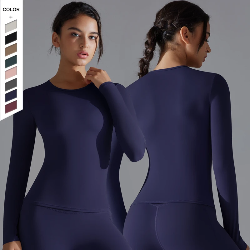 Spring and Autumn Yoga Fashion Sports Gathering Long Sleeved Solid Color Slim Fit Elastic Fitness Running Training Top for Women