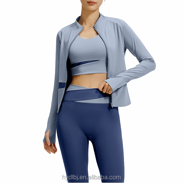 3-Piece Color Block Yoga Set, Built-in Bra, Zip up Long Sleeve Stand Collar Stretchy Top, Workout & Fitness Wear for Running