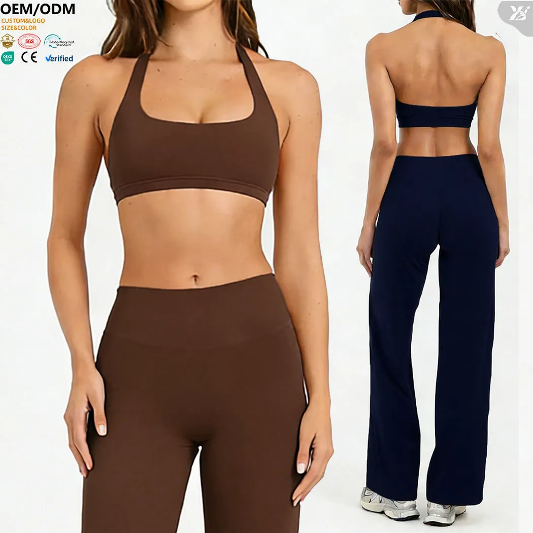 Women's Seamless Halter Neck Square Backless Crop Top Neck Sports Bra Backless High Support Yoga Workout Bra