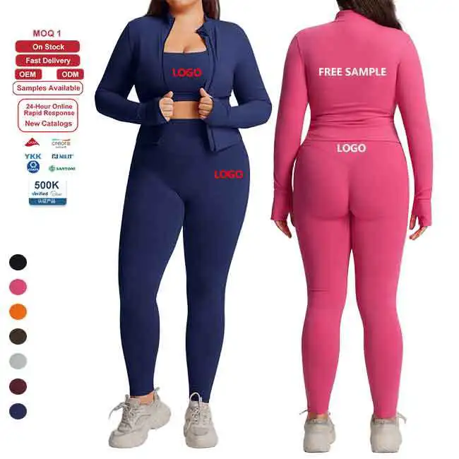 OEM Sportswear Women High Stretch Plus Size Gym Wear 3 Piece Set Yoga Jacket Shockproof Sports Bra High Waist Yoga Leggings Set