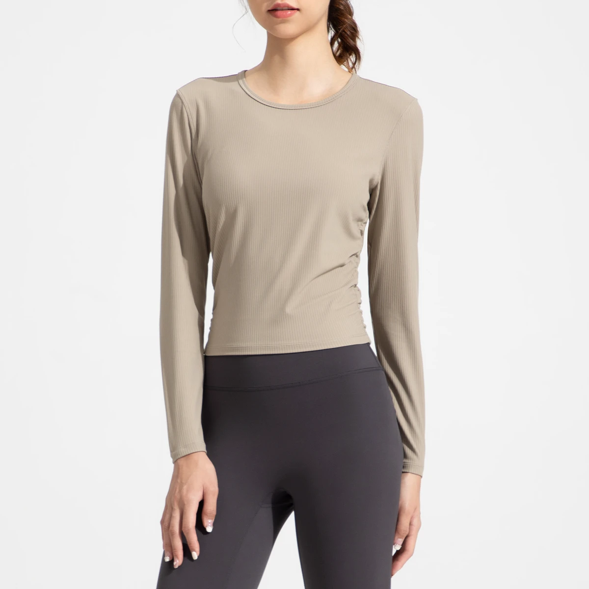 Pleated Design Simple Loose Workout Tops with Sleeves Yoga Wrap Top Long Sleeve GYM Yoga Sports Wear