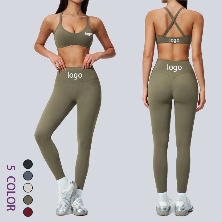 New Style V Neck Quick Dry 2 Pieces Yoga Set High Waist Patchwork Yoga Sets Scrunch Butt Workout Sets for Women