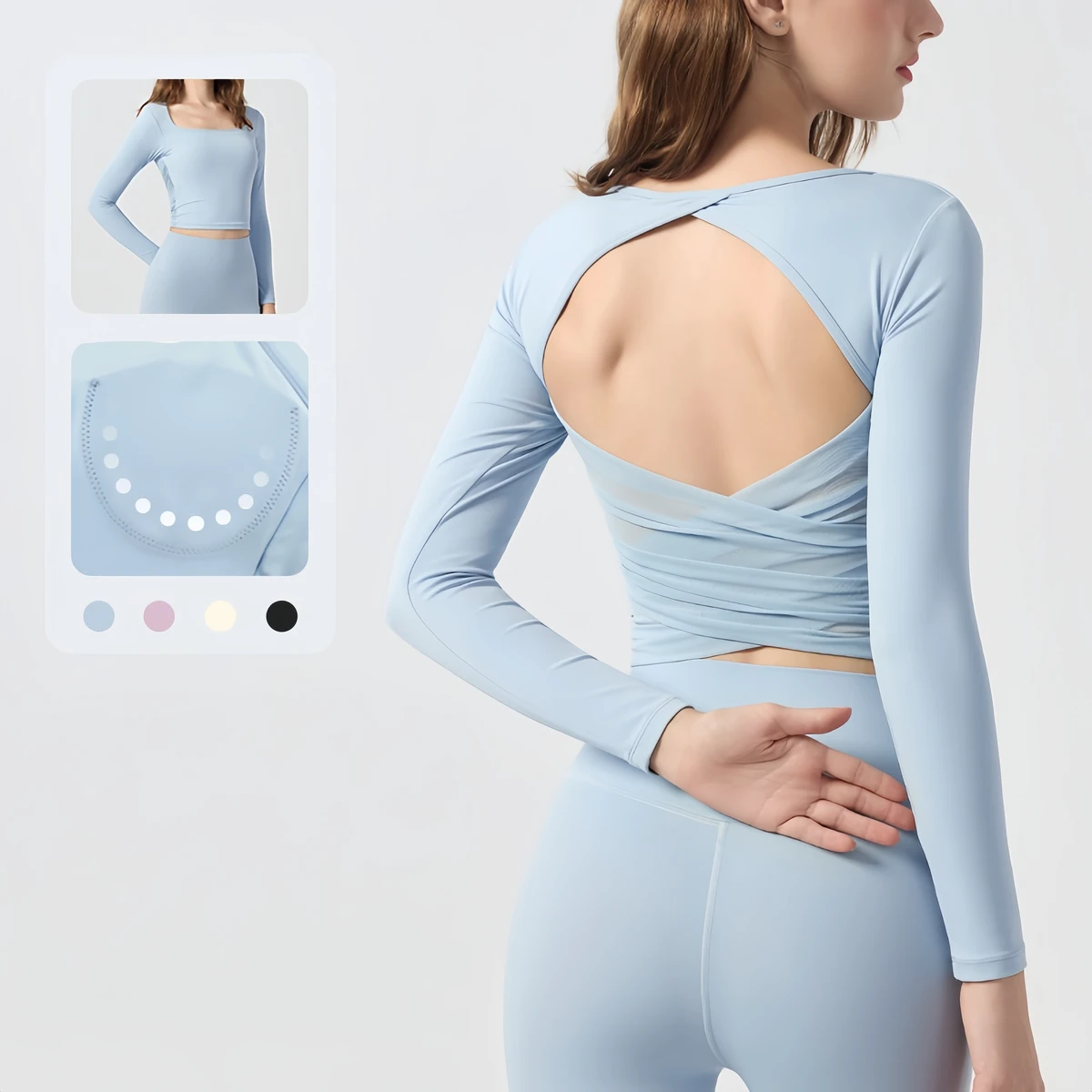 Long Sleeve Yoga T-Shirt for Women Mesh Panel Cross Back Hollow Out Square Neck Side Wrinkle Crop Top with Built-in Bra
